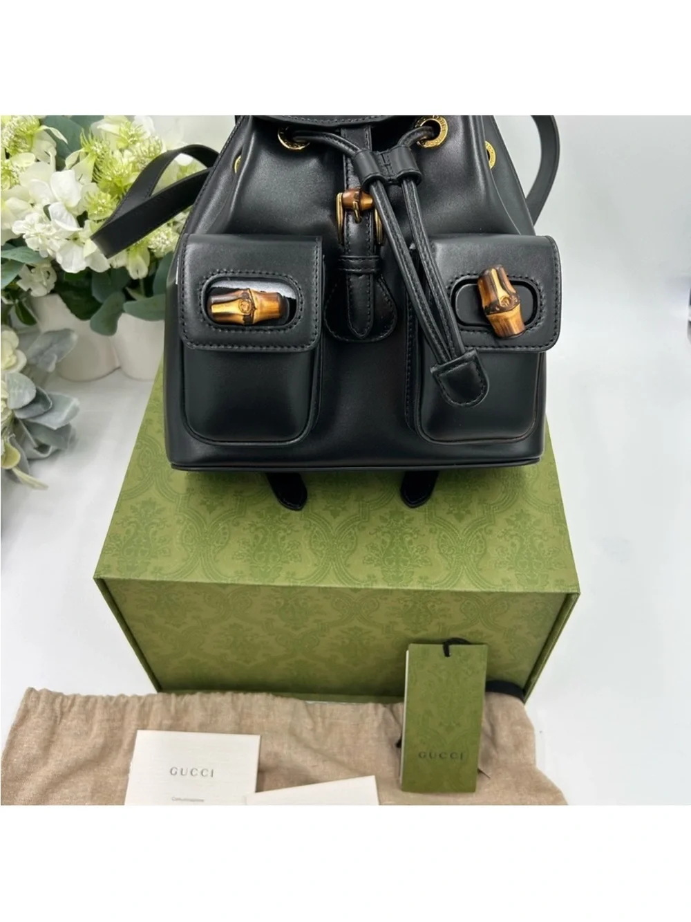 Gucci, leather bamboo backpack made in Italy NWT. Unisex.